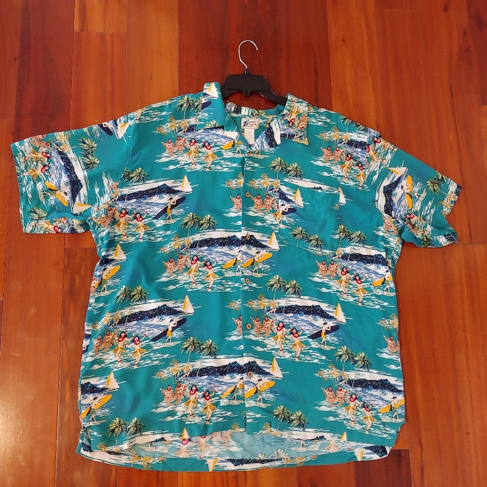 Hawaiian Cherokee Waikiki wear mens shirt blue surfer hula girls boat island 2XL